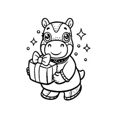 A cute cartoon hippo stands holding a wrapped gift box with a bow, surrounded by sparkling stars.