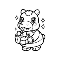 A cute cartoon hippo stands holding a wrapped gift with a bow, surrounded by sparkling stars, in a black and white line drawing.