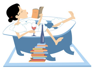 Fototapeta premium Woman takes a bath, reads a book and drinks champagne or wine