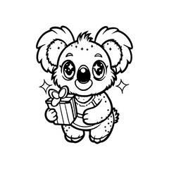 A cute cartoon koala bear stands upright, holding a wrapped present with a bow, surrounded by sparkles.