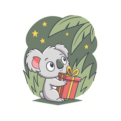 A cute cartoon koala holding a red gift box with a yellow ribbon, set against a leafy background with stars.