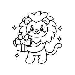 A cute cartoon lion is holding a gift box with a bow, surrounded by sparkling stars, in a black and white outline illustration.