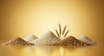 Minimalist Landscape Created with Rice and Wheat on Gold Gradient