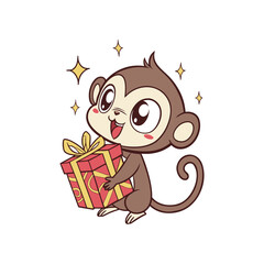 A cartoon monkey with big eyes smiles and holds a red and gold wrapped gift box adorned with a yellow bow.