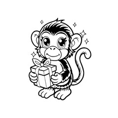 A cute cartoon monkey holding a wrapped gift box with a bow, surrounded by sparkling stars.