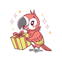 Cartoon parrot holding a yellow gift box tied with a pink ribbon, surrounded by sparkling stars.