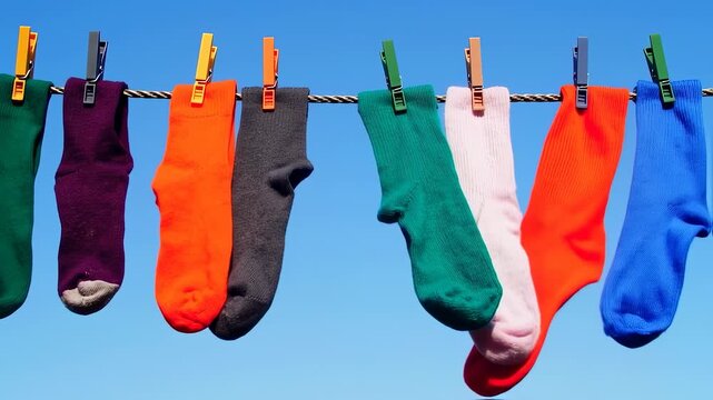 Colorful socks drying on a clothesline