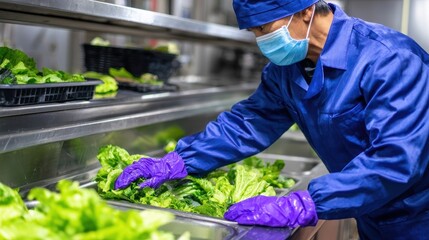 Worker in protective gear sorting fresh lettuce in a commercial kitchen, highlighting food safety practices
