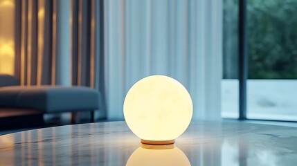 Warm glowing round lamp on marble surface surrounded by decorative plants and soft lighting image