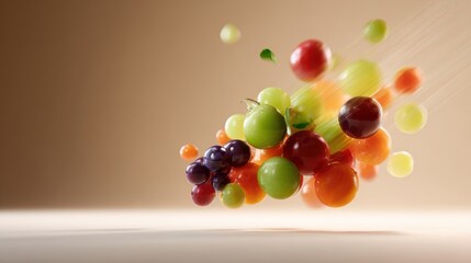 A vibrant explosion of colorful fruits in mid-air against a soft beige background, showcasing freshness