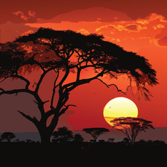 Silhouette of Acacia Trees against a Dramatic African Sunset with a Large Yellow Sun savanna