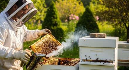 Beekeeper in a protective suit working with a honeycomb frame and a smoker in a lush green apiary.