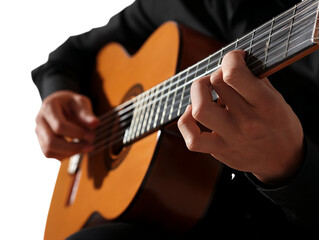 Fototapeta premium PNG Of A male musician passionately plays an acoustic guitar, fingers skillfully moving along the strings against a dark background.
