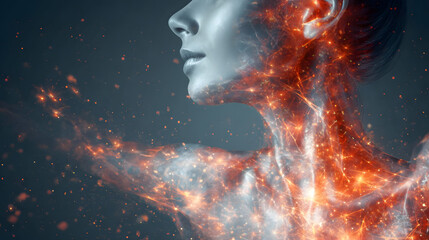 Tranquil Profile of Woman with Glowing Brain and Abstract AI Particles – Futuristic Technology Concept in Dark Background
