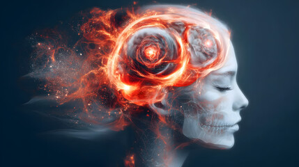 Tranquil Profile of Woman with Glowing Brain and Abstract AI Particles – Futuristic Technology Concept in Dark Background
