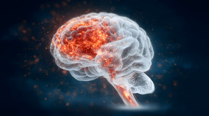 Tranquil Profile of Woman with Glowing Brain and Abstract AI Particles – Futuristic Technology Concept in Dark Background
