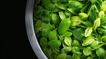 Fresh basil and spinach leaves arranged in a metal bowl against a dark background, ideal for culinary use