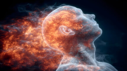 Tranquil Profile of Woman with Glowing Brain and Abstract AI Particles – Futuristic Technology Concept in Dark Background
