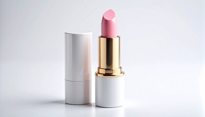 Pink lipstick in elegant white and gold casing on clean white backdrop.