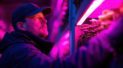 Man inspecting mushrooms under vibrant pink LED lights in a modern indoor farming setup