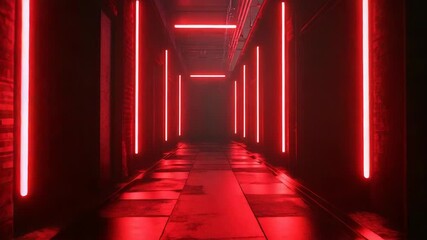Red neon lights illuminating dark industrial corridor with smoke or fog - Powered by Adobe