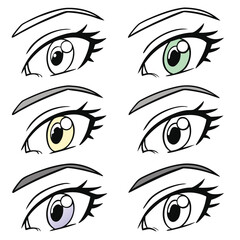 Six stylized cartoon eyes in a grid with varied iris colors and black outlines illustration graphic