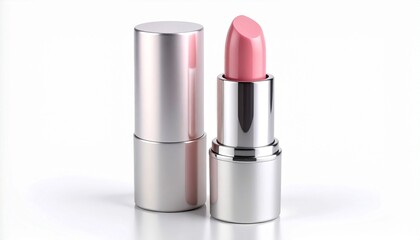 Obraz premium Pink lipstick in sleek silver tube—cap removed and placed beside—vibrant cosmetic product isolated on neutral backdrop, ideal for beauty branding, editorial spreads, or minimalist product features.
