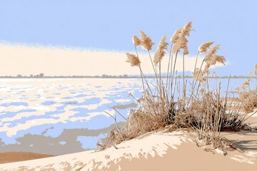 Gentle reeds by a still, icy lake.