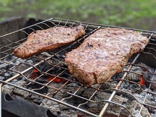 Juicy steaks sizzling over glowing coals in a serene outdoor setting during a warm afternoon
