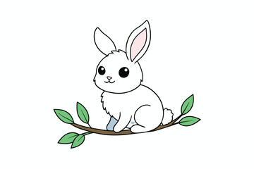 Fluffy bunny sitting on a tree branch with long ears