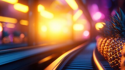 Vibrant scene of pineapples on a conveyor belt under colorful lights in a lively market setting
