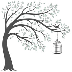 Stylized dark grey tree with green outlined leaves and a bird near a hanging birdcage branches