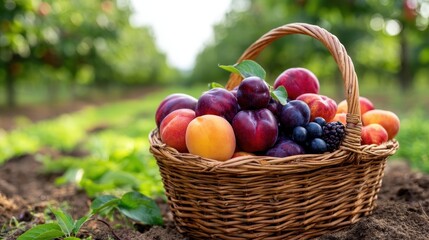 Freshly harvested fruit basket in a lush orchard, showcasing vibrant colors and natural beauty