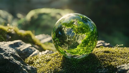 Nature photography of moss ball on mossy rock surface in a forest setting