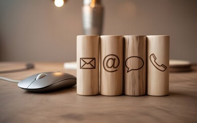Wooden cylinders display contact icons, email, at symbol, chat bubble, telephone; modern minimalist office scene.