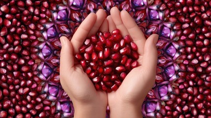 Hands holding vibrant pomegranate seeds against a colorful abstract background, symbolizing abundance and health