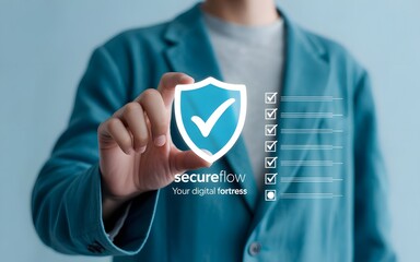 Person in teal blazer presenting digital security shield, checklist confirms secure data protection.