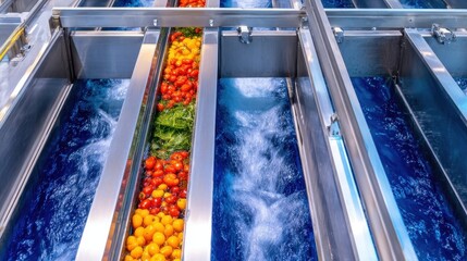 Vibrant fruits and vegetables flowing through a modern water conveyor system in a processing facility