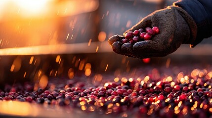 A close-up of a gloved hand holding ripe coffee cherries during harvest at sunset, with rain droplets