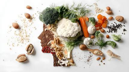 Food-Shaped Human Head and Brain on Wooden Board – Healthy Eating Concept for Mental Wellness
