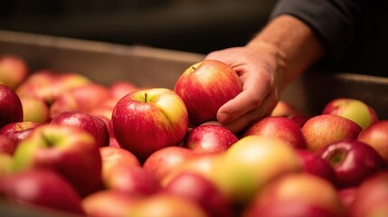 Hand selecting ripe apples from a crate in a vibrant orchard during harvest season, showcasing nature's bounty