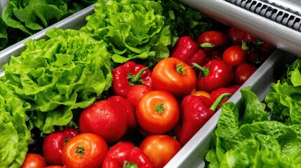 Fresh vegetables including ripe tomatoes and crisp lettuce arranged in a market display for healthy eating