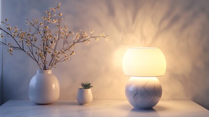 Cozy modern interior featuring glowing sphere on marble pedestal adding warmth to minimalist decor image