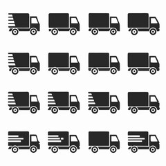 Twelve simple black and white delivery truck icons arranged in a grid lorry transport