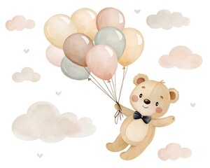 Cute teddy bear flying with balloons isolated on white background, a whimsical watercolor illustration perfect for baby cards and sweet designs © Rina_Akther