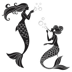 Two black silhouette mermaid figures blowing bubbles against a white background vector