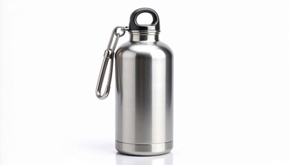 Stainless steel water bottle with screw-on lid and loop handle, attached carabiner clip, set against white background—sleek, modern hydration accessory.