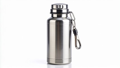 Stainless steel water bottle with screw-on lid and loop handle, attached carabiner clip, set against white background—sleek, modern hydration accessory.