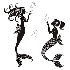 Two black silhouette mermaids blowing bubbles on white background vector