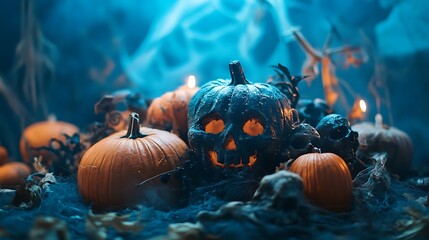 Decorative Halloween pumpkins with autumn elements like tomatoes and leaves arranged on a marble surface for a spooky look image